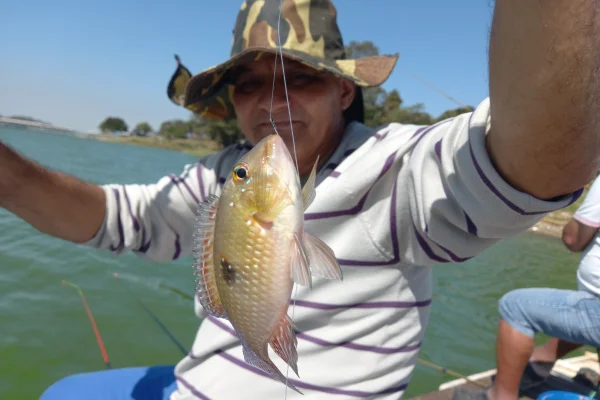 Imagem mostra pescador com peixe em represa - Metrópoles