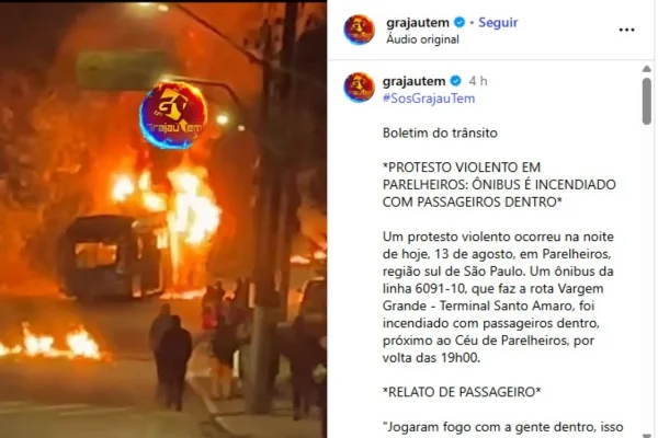 Ônibus da linha Vargem Grande - Terminal Santo Amaro, operado pela Viação Grajaú, foi incendiado