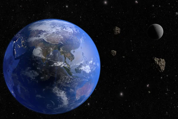 Um asteroide voa em direção à Terra. Renderização 3D.