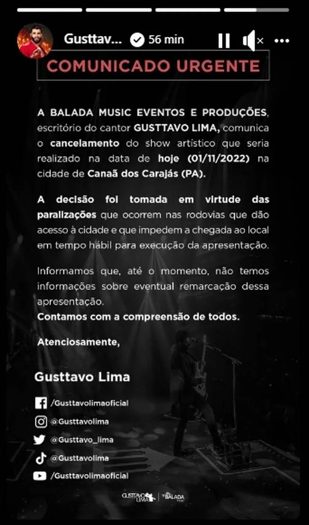 Gusttavo Lima cancela show por bloqueio em estradas Gusttavo Lima cancela show por bloqueio em estradas