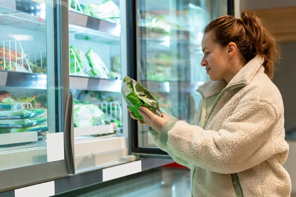 Mulher jovem adulta escolhendo vegetais congelados em um supermercado. Conceito de consumidor e espaço de varejo. Metrópoles