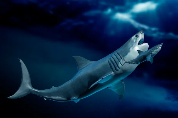Ilustração de Megalodon comparado a um tubarão debaixo d'água - Metrópoles