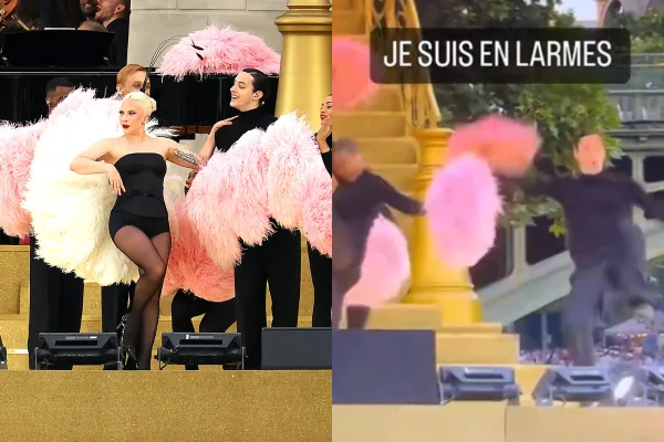 Imagem colorida de Lady Gaga e do momento que o dançarino cai nas Olimpíadas