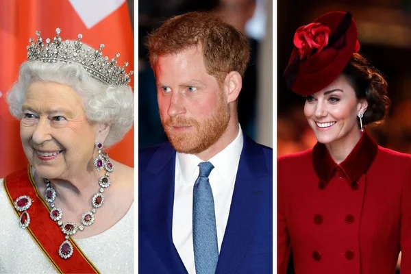 Rainha Elizabeth, príncipe Harry e Kate Middleton