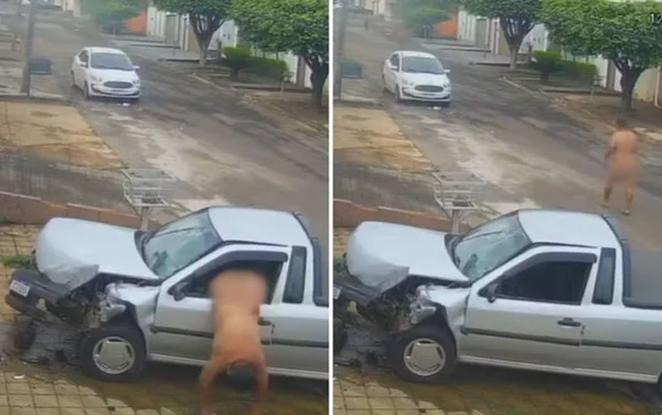 imagem colorida homem foge pelado apos furar carro e colidir contra muro
