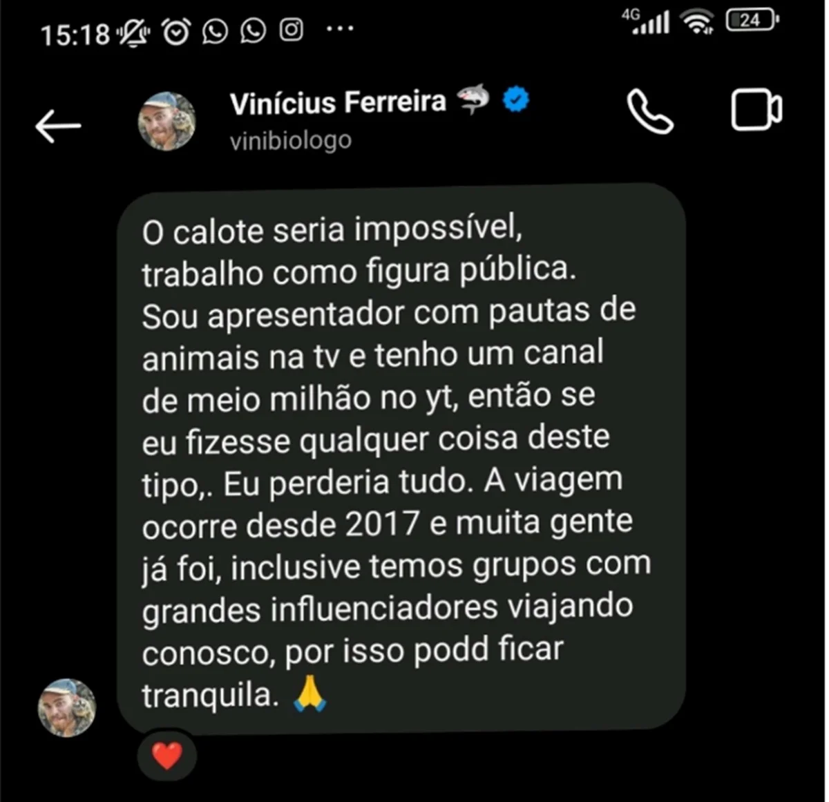 Vini Biólogo é acusado de calote em pacotes de viagem para a Amazônia - imagem 4 Vini Biólogo é acusado de calote em pacotes de viagem para a Amazônia - imagem 4