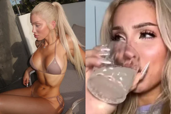 A influencer francesa Adea (@adee.ah) em uma foto de biquíni. Na outra, ela bebe um líquido em um copo - Metrópoles