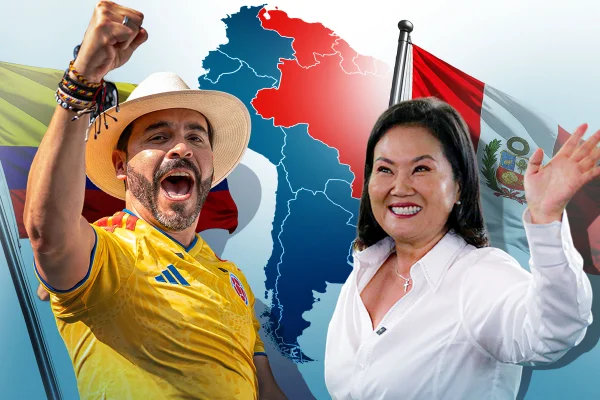 Imagem colorida mostra arte com Abelardo de la Espriella na Colômbia e de Keiko Fujimori no Peru - Metrópoles