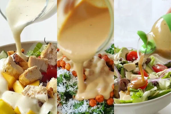 Montagem colorida com fotos de 3 molhos para a salada