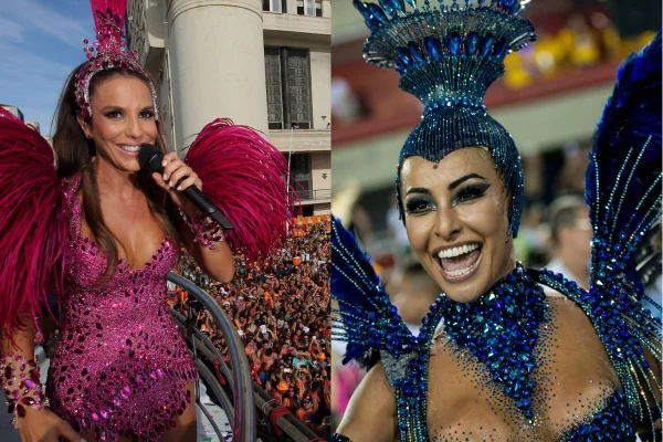 A foto está dividida em duas partes. Do lado direito tem a Ivete Sangalo de fantasia rosa no trio elétrico em Salvador. Do lado esquerdo, temos Sabrina Sato usando uma fantasia azul escura no carnaval do Rio de Janeiro. As duas estão sorrindo