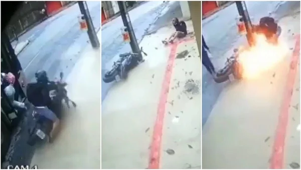 Vídeo: moto pega fogo após quase atropelar mulher e bater em poste