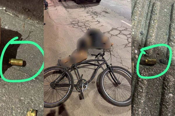No centro, homem de roupa preta caído em rua, ao lado de bicicleta. Do lado esquerdo e direito, destaque de cápsulas deflagradas de pistola - Metrópoles