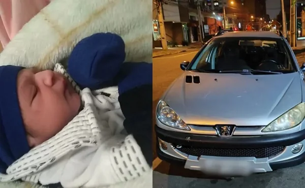 Bebê Antony (a esquerda) carro onde ele nasceu (a direita) - Metrópoles