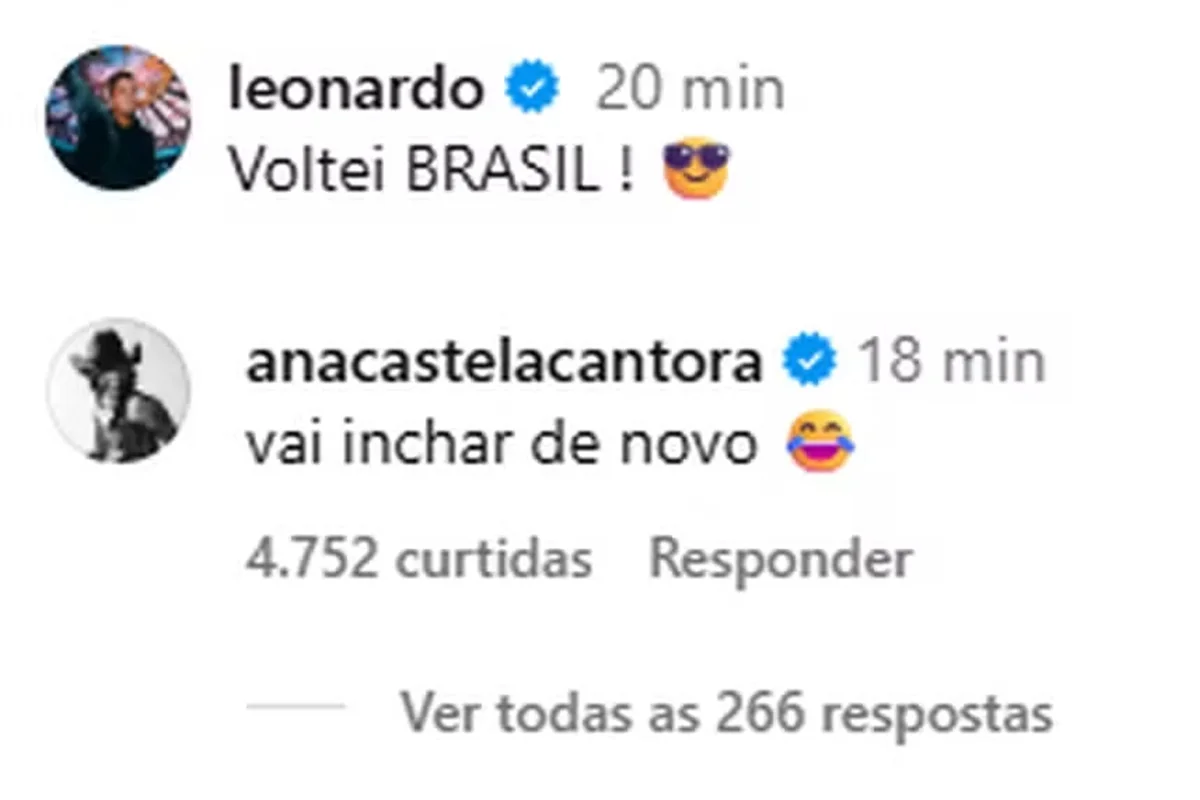 Ana Castela comenta publicação de Leonardo após voltar a beber álcool Ana Castela comenta publicação de Leonardo após voltar a beber álcool