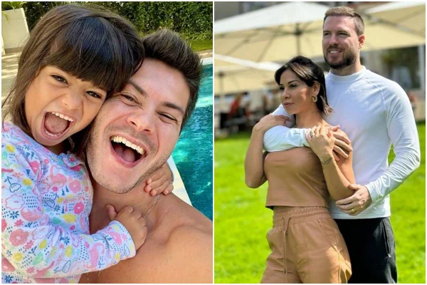 Montagem colorida com fotos de Arthur Aguiar, Maíra Cardi, Thiago Nigro e a pequena Sophia