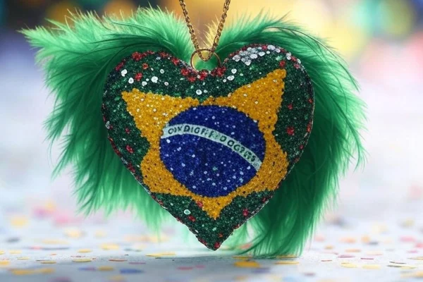 Coração com bandeira do Brasil em tom de carnaval
