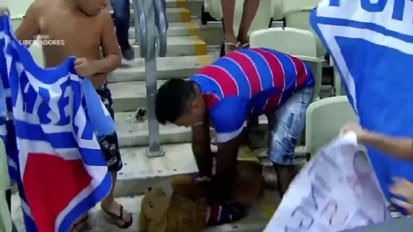 Torcedor faz massagem cardíaca em leão de pelúcia após jogo do Fortaleza na Libertadores - Metrópoles