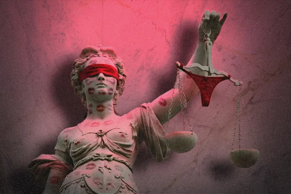 Arte mostra estátua da Justiça com marcas de batom e uma calcinha na balança - Metrópoles