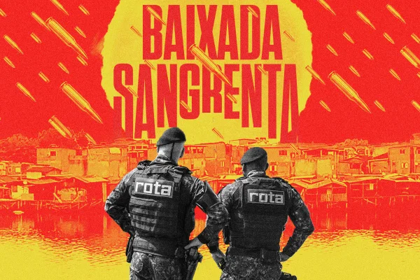 montagem de policiais da rota em frente a paisagem na baixada santista