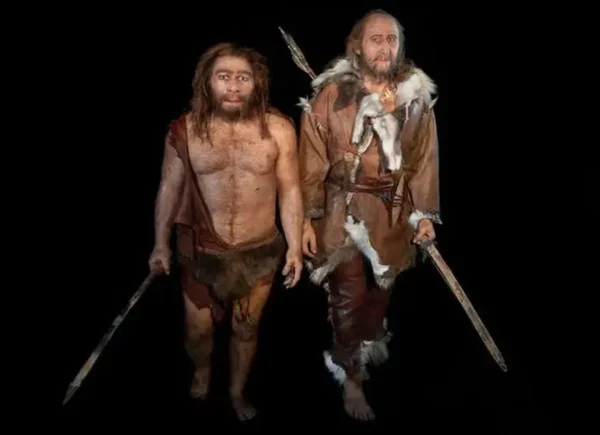 Bonecos de cera com representações do homo sapiens e neandertal - Metrópoles - neandertais e humanos