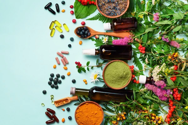 Fotografia mostra vários comprimidos, potes com pós coloridos, frascos em spray e flores representando suplementos naturais - Metrópoles