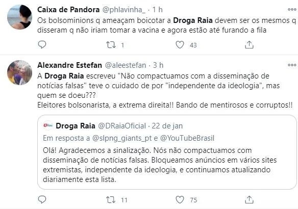 Droga Raia bloqueia anúncio em canal bolsonarista e vira assunto na web - imagem 3 Droga Raia bloqueia anúncio em canal bolsonarista e vira assunto na web - imagem 3