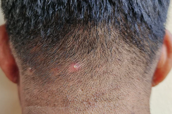 Imagem colorida de homem com acne no couro cabeludo - Metrópoles