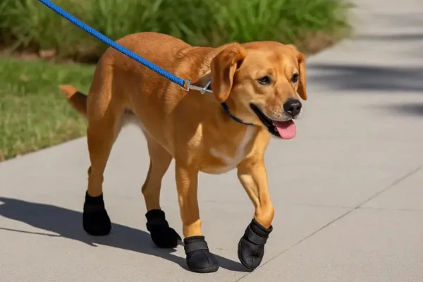Imagem colorida de cachorro com proteção para patinhas