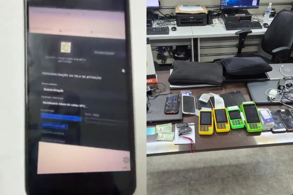 Imagem colorida de montagem com celular do lado esquerdo e materiais apreendidos em operação policial do lado direito. Metrópoles