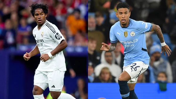 Montagem de fotos coloridas de Endrick e Savinho, candidatos ao prêmio Golden Boy