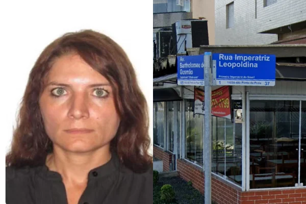 Imagem colorida de montagem com foto de mulher encontrada morta e a placa que indica a rua onde ela foivista já sem vida. Metrópoles