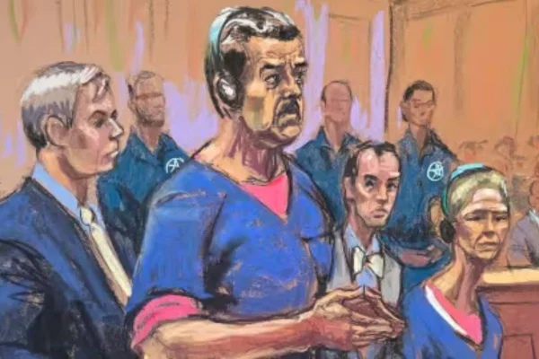 Desenho colorido de Nocolás Maduro e a esposa durante audiência em Nova York - Merópoles