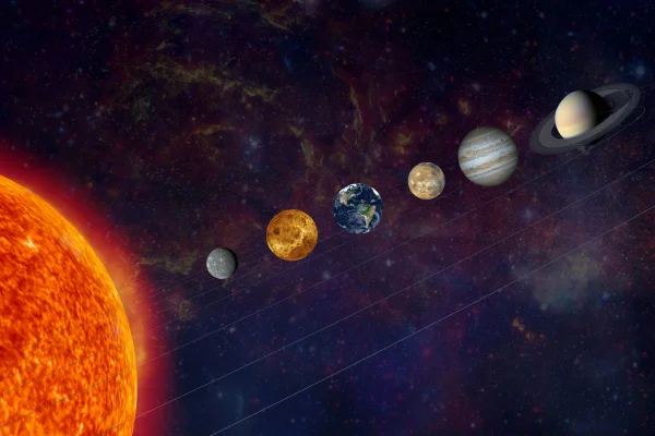 Ilustração colorida de planetas do sistema solar, organizados em fileira - Metrópoles.