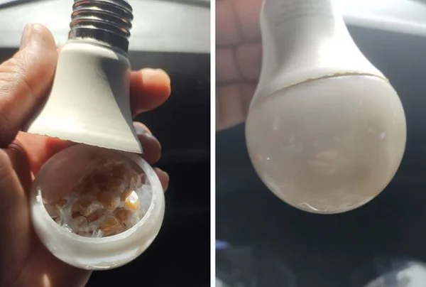Duas imagens coloridas: 1ª uma lâmpada aberta com sacos de drogas, 2ª uma lâmpada LED - Metrópoles