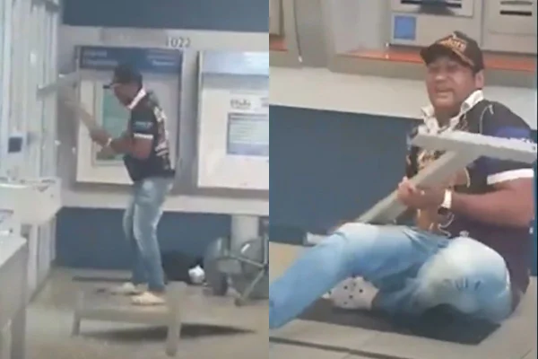 Montagem com fotos coloridas de homem quebrando agência da Caixa Econômica Federal - Metrópoles