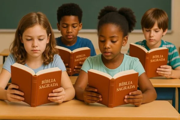 Imagem colorida de crianças lendo um bíblia - Metrópoles