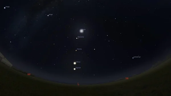 imagem colorida. Alinhamento Vênus, Marte, Júpiter e Saturno