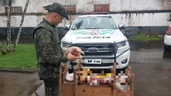 Em foto colorida PM com uniforme camuflado segura pedaço de animal congelado - Metrópoles