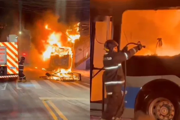 Imagem colorida de ônibus pegando fogo. Metrópoles