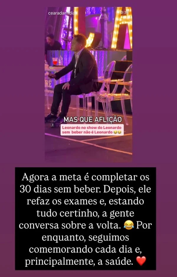Poliana revela meta de Leonardo sem álcool e condição para voltar a beber - destaque galeria Poliana revela meta de Leonardo sem álcool e condição para voltar a beber - destaque galeria