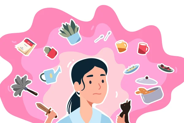 Ilustração colorida de mulher rodeada por alimentos em sua cabeça- Metrópoles.