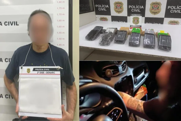 Esquerda, homem em frente paredão de delegacia, com rosto embaçado com efeito, para não ser reconhecido; direita, acima, tijolos de cocaína, embalados com plástico preto, sobre mesa brando, com fundo de banner da Polícia Civil; direita, abaixo, homem enfia braço em fundo falso de painel de carro - Metrópoles