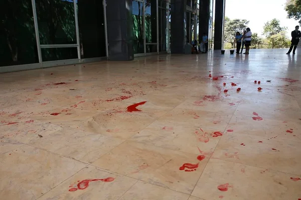 Manifestantes jogam tinta na entrada do STF e pedem liberdade de Lula