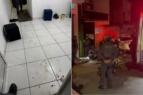 Montagem colorida mostra interior de casa em que homem e mulher se esfaquearam.