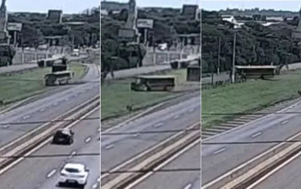 Ônibus bateu em placa, saiu da pista e foi parar na via marginal de rodovia em Sertãozinho, SP — Foto: Entrevias/Câmeras de monitoramento