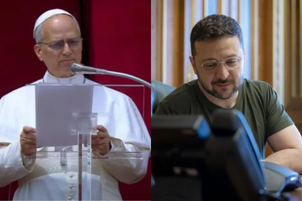 Montagem com foto colorida do papa Leão XIV e dopresidente ucraniano Volodymyr Zelensky - Metrópoles