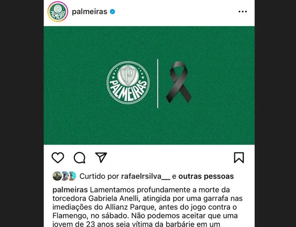 Palmeiras lamenta morte de torcedora: “Não podemos aceitar”