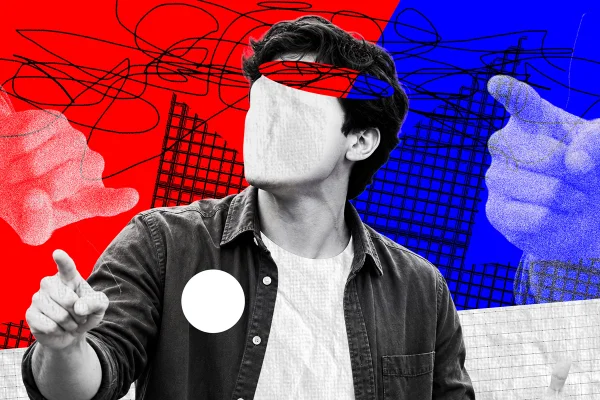 Ilustração nas cores azul, vermelho, preto e branco, de homem jovem sem rosto, com metade do fundo vermelho e metade do fundo azul - Metrópoles.