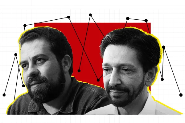 Imagem colorida mostra montagem com fotos em preto e branco dos rostos de Guilherme Boulos e Ricardo Nunes - Metrópoles