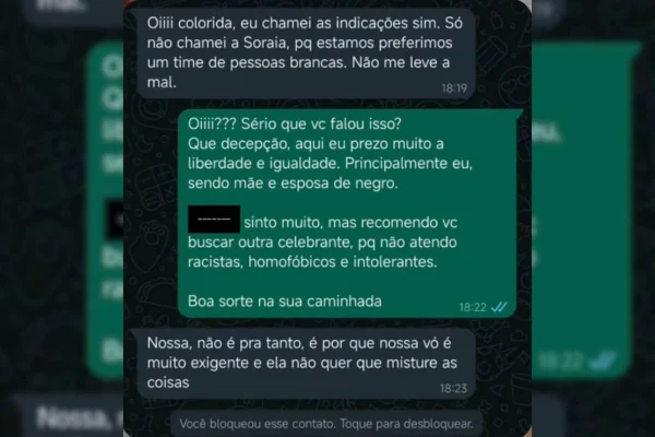 Após receber a mensagem, a cerimonialista Aline Ferreira denunciou a noiva por racismo e rompeu o contrato. Caso aconteceu em Piracicaba - Metrópoles